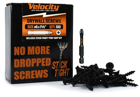 Velocity 1 5/8 Drywall Screws (Size #6) – Black Phosphate Coated Screws for Drywall and Stick-Tight PSD ACR Drive Bit, (100 Pieces)