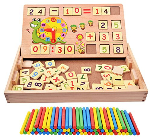 Children Wooden Montessori Maths Toy, Double Sided Board, Counting Stick,Chalk Eraser, Kids Educational preschool Toy,clock, Number Drawing Board Gift 3 Years+ Christmas, birthdays play and learn