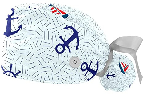 2 Packs Working Cap with Buttons and Ribbon Tie for Women Long Hair, Adjustable Cotton Sweatband Working Hat Ponytail Holder, Tie Back Hats, Sailboat Anchor Steering Wheel and Lifebuoy Multi