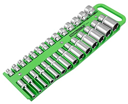 OEMTOOLS 23117 3/8 Drive Portable Magnetic Socket Organizer Tray, Magnetic Socket Holders Organizers For Tool Box, Shop, Or Garage, Holds Up To 28 Tools, Metric/SAE, Green