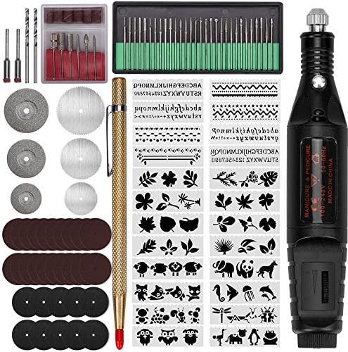 108 Stück Gravierwerkzeugsatz Elektrische Gravierstift, Gravurstift für Holz und Glas Händisch, Multifunktionaler Gravurwerkzeug Ätzstift Set mit Anreißer, 82 Zubehör, 24 Schablonen