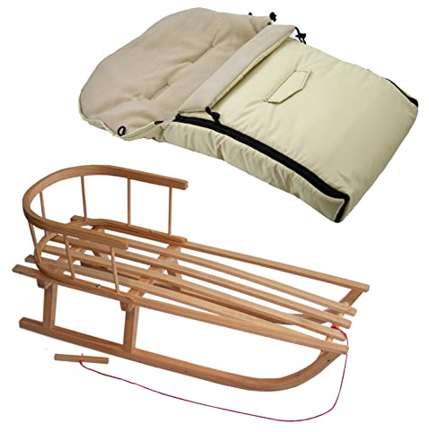Kombierbjudande träsläde med ryggstöd och dragrep + universell vinteråksäck (90 cm), även lämplig för babystol, barnvagn, buggy, termofleece uni (beige + släde)