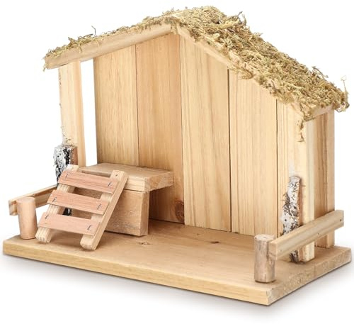 Suzile Christmas Manger for Nativity Scene Wooden Nativity Stable Creche with Realistic Moss Roof 10inch Holy Family Religious Christmas Stable Figures for Indoor Tabletop Holiday Decoration