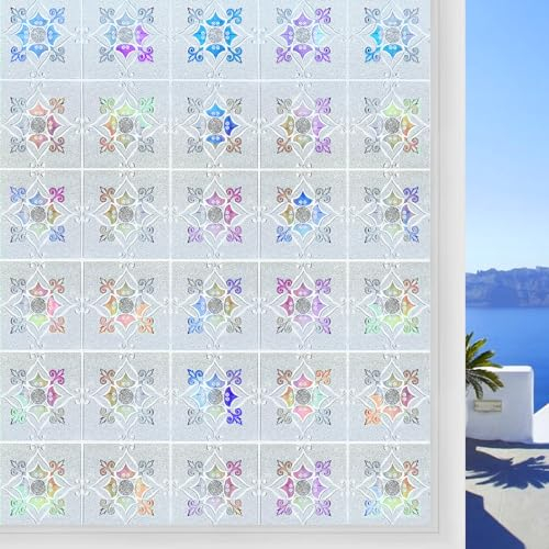 DARUITE Fensterfolie Bunt Milchglasfolie mit Blumenmuster Elektrostatische Nicht Klebende UV-beständige Sichtschutzfolie Fenster Für Zuhause Büro 30 x 100cm