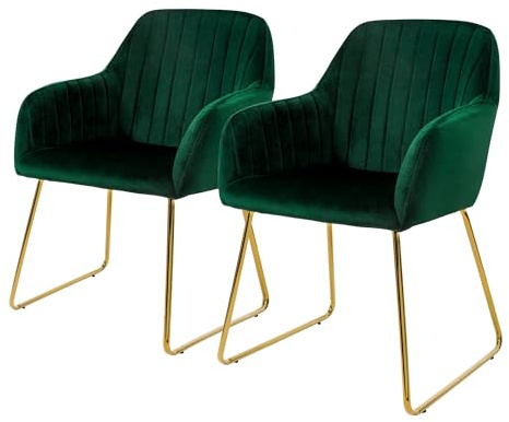 ML-Design matsalsstolar set om 2, sammetssits, grön, vardagsrumsstol med ryggstöd och armstöd, köksstol med guldben, stoppad stol med metallram, ergonomisk fåtölj för matbord