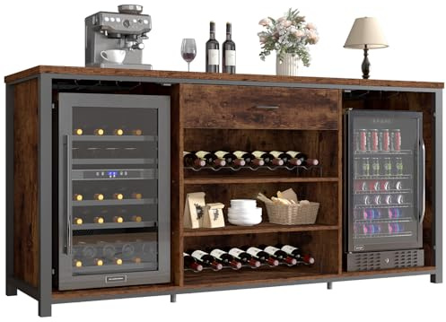 LVB Large Home Bar Cabinet with Fridge Space, Long Liquor Cabinet with Drawer Storage, Farmhouse Wood Metal Wine Cabinet with Rack, Sideboard Buffet for Kitchen Dining Room, Rustic Brown, 180 CM