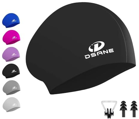 Dsane Womens Silicone Swim Cap for Long Hair,3D Ergonomic Design Silicone Swimming Caps for Women Kids Men Adults Boys Girls with Ear Plug and Nose Clip(Black/L)