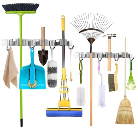 2 Stk Besenhalterung Wand, Ohne Bohren Gerätehalter Edelstahl 6 Halter + 8 Haken Wandhalterung Besen, Halterung Gartengeräte Wand für Zuhause Küche Badezimmer(Selbstklebend/Nails Installieren)