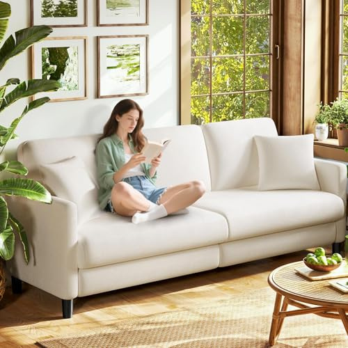 Welzona 83 Couches for Living Room, Teddy Sofa Couch, Comfy Sofas for Living Room, Tool-Free Setup Loveseat Sofa, All-Wood Love Seat Couches, Small Couch 2 Pillows Included, Beige