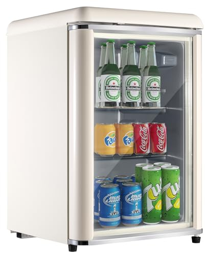 Merax Mini Kühlschrank mit Glastüre, Getränkekühlschrank mit Verstellbaren Ablagen, Kleiner 78 Liter, 43 dB, LED-Beleuchtung, Retro-Kühlschrank für Restaurant Bar Getränke Snacks Kosmetik, Beige
