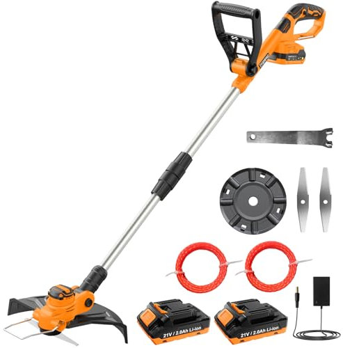 JYGMPRO Desbrozadora Bateria 21V, Cortabordes Bateria Brushless con 2 Baterías 2.0Ah, 2 Cuchillas, 2 Bobina de Hilo de 5 m, Mango Ajustable, Tubo Telescópico, Cabezal Pivotante 90° para Jardín Poda