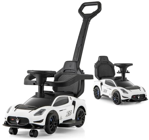 COSTWAY 3 en 1 Maserati Porteur Enfant avec Musique & Klaxon, Voiture à Pousser Enfant avec Poignée & Garde-Corps Amovibles, Espace Caché & 4 Pneus, Charge 25kg pour 18-60 Mois (Blanc)