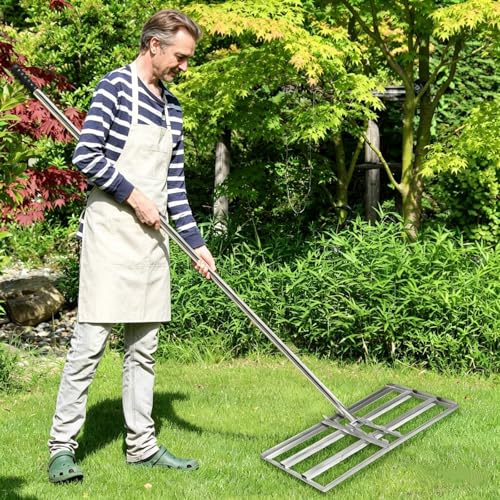 Raschietto per prato, 75 x 25 cm, in acciaio inox con manico da 2 m, rastrello per livellamento senza sforzo per prato, rastrello per prato, irregolarità nello strumento per livellare il prato, per il