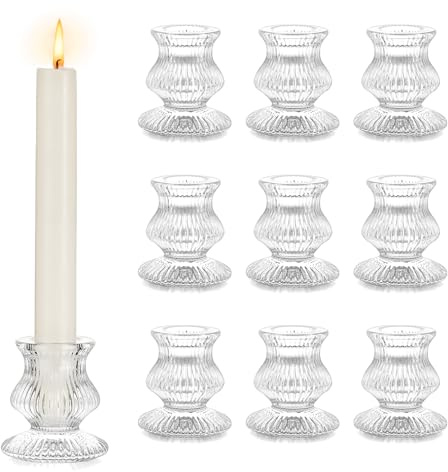 Glass Candle Holders for Tapered Candles: Hewory 10pcs Clear Candlestick Holders for Table Centrepiece, Crystal Ribbed Candle Sticks Holder Small Vintage Decoration for Christmas Party Home Wedding
