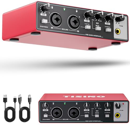 TISINO Audio Interface 24Bit/192kHz, USB Audio Interface for Recording, Songwriting, Streaming and Podcasting, Plug & Play Studio Interface with 48V Phantom Power, PC/Mac/iOS Compatible,RED