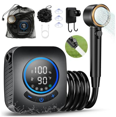 Spardar Camping Dusche, 8000 mAh Campingdusche mit Badekugel, Duschkopf und 2 m Schlauch, LED Camping Dusche mit Pumpe, Geeignet für Outdoor, Gartenarbeit, Autowäsche, Strandreisen und Haustiere