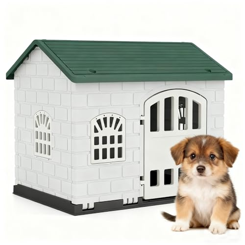GYMAX Caseta para Perros al Aire Libre, Casa de Plástico para Perros, Refugio para Cachorros con 3 Ventanas y Puerta con Cerradura, Techo Inclinado, para Interior, Exterior, Hogar (Verde+Gris)