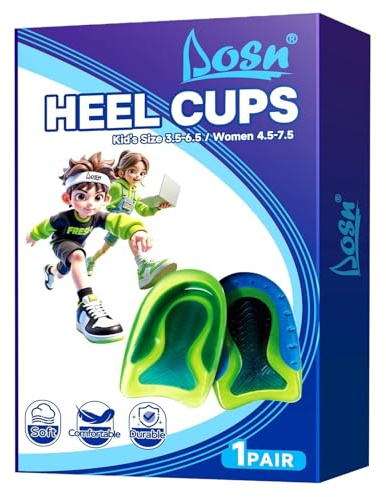 DLOSN 1 Pair Kids Heel Cups for Heel Pain Sport Shock Absorbing Gel Heel Inserts for Kid's with Sensitive Heels, Heel Spurs, Plantar Fasciitis, or Ankle Pain (Kid's Size 3.5-6.5 / Women 4.5-7.5)
