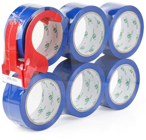 BOMEI PACK Blue Packing Tape 6Rolls 48mm x 66m with dispenser Durable Heavy Duty Packaging tape for Shipping Moving Boxes&Office Use -Strong Adheisve Parcel Tape for Cartons Mailing&Storage