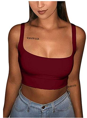 Loalirando Crop-Top Tank Débardeur Femme Eté Haut Court Sexy Moulant sans Manches en Col Carré, Bordeaux, M