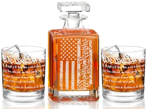 Whiskey Decanter Engraved We The People American Flag Decanter Set with 2 Glasses for Liquor Scotch Bourbon or Wine, Father's Day Patriotic Gift, 250 Anniversary Whiskey Bottle