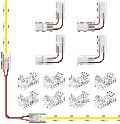 PAUTIX 8pcs 2-Pin 8mm COB LED Strip to Wire Connector Unwired Clips Solderless Adapter Terminal Extension Connection,4pcs L-Shaped Connectors for LED Strip Lights 12V 24V (Pack of 12)