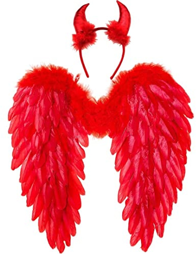 Winwild Ali d'Angelo con Corna da Diavolo, Costume da Angelo Caduto e Ali da Diavolo per Donne e Ragazze Bambini per Halloween Carnevale Cosplay Party Travestimento in Maschera (Rosso, 45 x 45 cm)