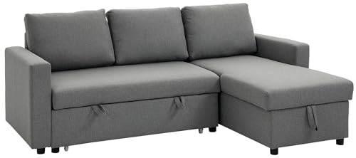 HOMCOM Divano Letto 3 Posti e Penisola con Vano Contenitore, Divano in Tessuto Effetto Lino con Cuscini Sfoderabili, Grigio Chiaro
