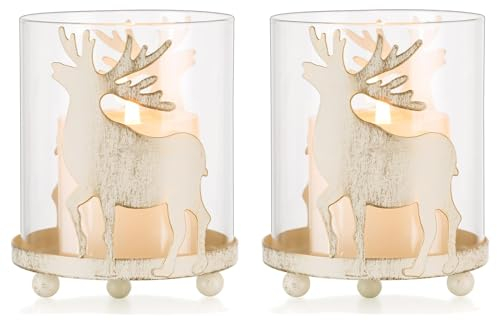 Romadedi Hirsch Kerzenhalter Weihnachten Deko - 2er Set Vintage Rentier Windlichter für Tisch Dekoration Weihnachts Ttischdeko Landhausstil Weihnachtsdeko Geschenk Stumpenkerzen, Weiß