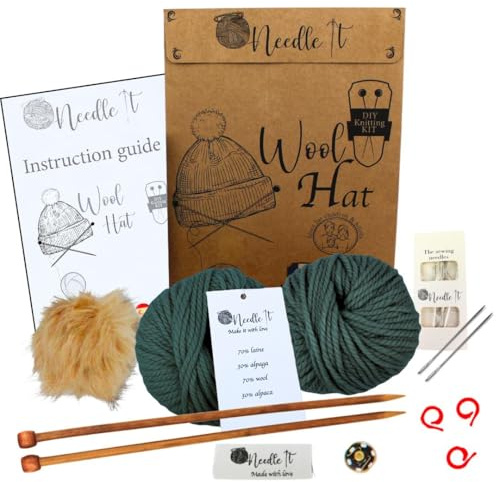 Needle It® Kit completo per lavorare a maglia il cappello verde scuro - Cappello di lana fai da te per bambini e adulti - Kit completo con ago, gomitolo e istruzioni - Lana francese