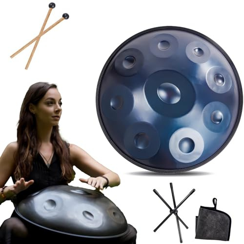 Instrumento Handpan - 432Hz/440Hz 9/10/ 12 Notas - Steel Tongue Drum de 55cm - Hand Pan Drum con Soporte para Mazas para la Sanación Sonora (Size : 440Hz, Color : BLUE_9 NOTES)