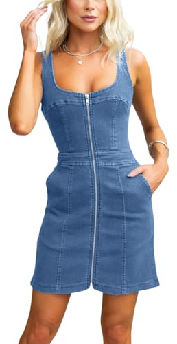 Robe d'été décontractée en jean sans manches avec fermeture éclair sur le devant et poches pour femme, noir foncé, Taille XL