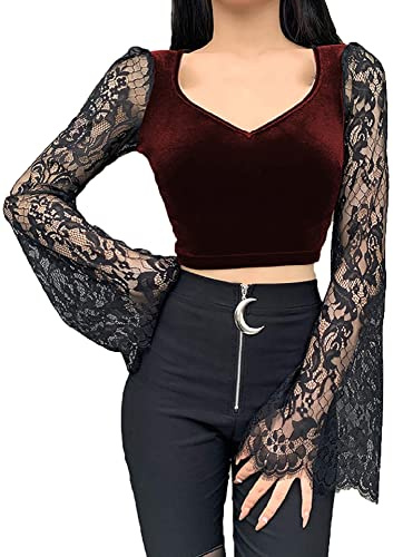 XKBHYD Women Gothic Velvet Crop Tops Y2K Long Sleeve Emo Alt Shirt Mall Goth V Neck Grunge Punk Harajuku T Shirt Red