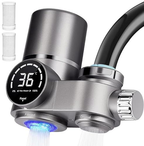MILFECH Wasserfilter Wasserhahn mit LED Anzeige, Wasserfilter Trinkwasser mit 2Pcs Filter, entfernt Chlor, Schwermetalle und schlechten Geschmack, Wasserhahn Filter mit Blaulicht für Küche