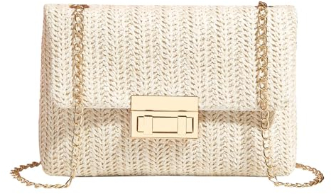 TOFBS Strandtasche Damen Häkeltasche Stroh Clutch Sommer Gewebt Handgewebte Tote Bags Elegante Cross Body Umhängetasche mit Kette für Party Bankett Urlaub (Beige)