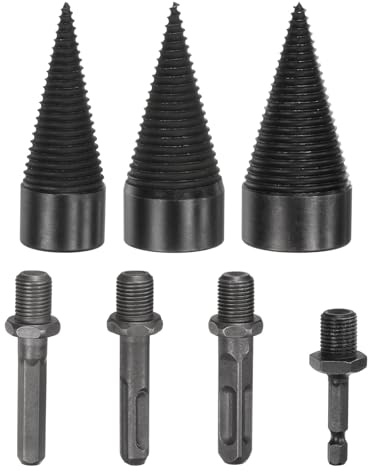 M METERXITY 3-Pack Wood Splitter Drill Bit 32mm + 38mm + 42mm + 4 Handles (Square + Round + Hex Shank + Small Hex) Firewood Log Splitter Drill Bit for Family/Outdoor/Stove/Farm [Black+Grey]