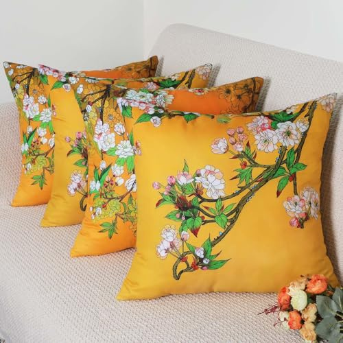 Betadistor Cushion Covers 18 x 18 Peach blossom Flowers Decorative Throw Pillow Covers Polyester Linen Pillowcase for Sofa Garden Outdoor Home Decor Set of 4, Flowers, 511-0220