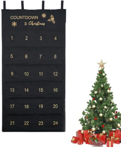 Calendario de Adviento con 24 bolsas de tela, reutilizable calendario de Navidad, calendario de Adviento para colgar, decoración de Navidad, tela para rellenar, accesorios de fiesta (negro)