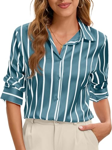 Syewan Camisas de Manga Larga con Botones de Seda Satinada elástica Suave y Transpirable para Mujer, Blusas de Vestir de Trabajo, Rayas Turquesa, XL