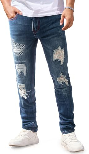 Gulots Men's Ripped Jeans Classic Comfort Regular Fit Basic Denim Pants for Men Casual Slim Fit Skinny Jean with Pockets 32 Ripped Blue