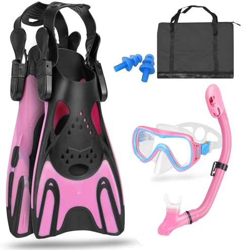 Snorkeling Gear for Kids, Mask Fins Snorkel Set for Kid Panoramic View Diving Mask Anti-Fog Anti-Leak Dry Top Snorkel and Dive Flippers with Travel Bag Snorkeling Packages for Kid