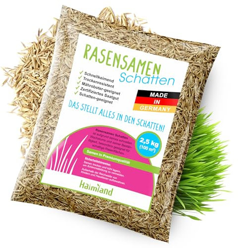 halmland® Rasensamen Schattenrasen schnellkeimend 2,5kg für 100m² - TEST SEHR GUT - Premiumrasen für Schattenbereiche - Grassamen trockenresistent Herbst - made in Germany - Schattenrasensamen