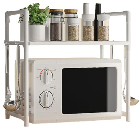 Estante para horno microondas – Marco de metal, estante para horno, almacenamiento ajustable | Soporte grande de dos niveles para microondas con ganchos para colgar, organizador de cocina para