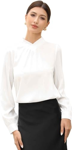 Allegra K Work Tops for Women Pleated Mock Neck Business Long Sleeve Blouse | Dressy Casual Shirt Stand Collar Puff Sleeves Solid Professional Interview Outfits