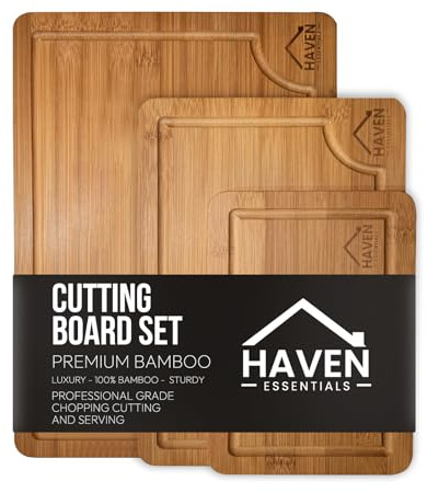 Haven Essentials Bamboo Cutting Board Set – 3 Wooden Chopping Boards with Deep Juice Grooves, 100% Natural Bamboo, Durable & Food Safe, Knife-Friendly Carving Boards for Kitchen Prep & Serving