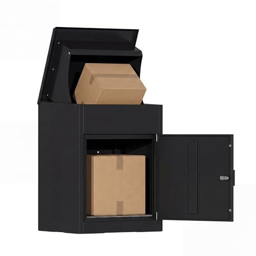 BIRCHTREE Small Parcel Drop Box with Lock & 2 Keys, 58cm Height, Secure Parcel Delivery Box, Weatherproof Outdoor Metal Parcel Box with Anti-Theft Design, Wall or Floor Mounted, Black
