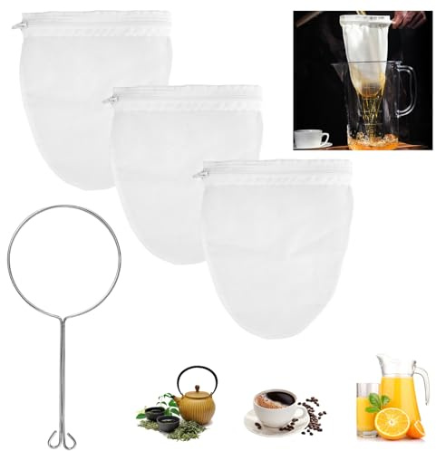 3 Pezzi Sacchetto per Latte di Noce con 1 Supporto e Chiusura Lampo, Setaccio Filtro Alimentare, Sacchetto Filtrante Latte Vegetale, Riutilizzabili per Filtrare Succhi Caffè Vino Rosso tè