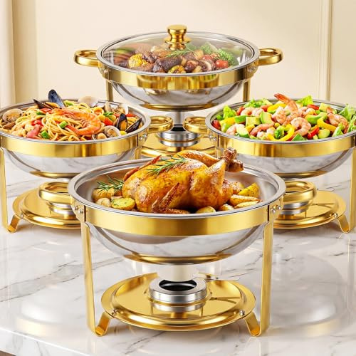 ALSO GO Chafing Dish for Buffet, 7QT 4 Pack Gold Round Chafing Dish Set with Glass Lid, Stainless Steel Serving Tray, Water Pan, Stand, Fuel Holder, Food Warmer for Party, Gathering, Banquet, Wedding