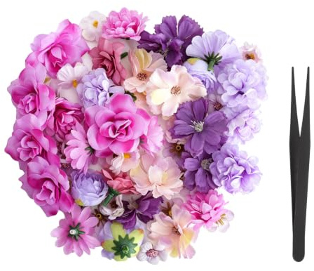 SLIAXINT 50 Piezas Flores Artificiales Decoracion Artificiales para Manualidades, Cabezas Flores Artificiales, Flores De Tela 9 Estilos con Pinza para DIY Decoracion Fiesta Boda Casa Tarta