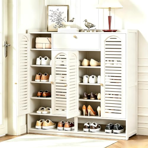 Scribora 7 Niveles Armario Zapatero de Bambú con 4 Puertas de Persiana, Gran Capacidad, para Entrada, Dormitorio y Guardarropa